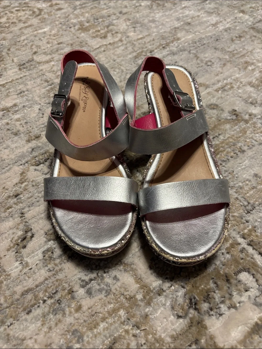 Self Esteem Silver Wedge Sandals with Pink-Accented Glitter Platform
